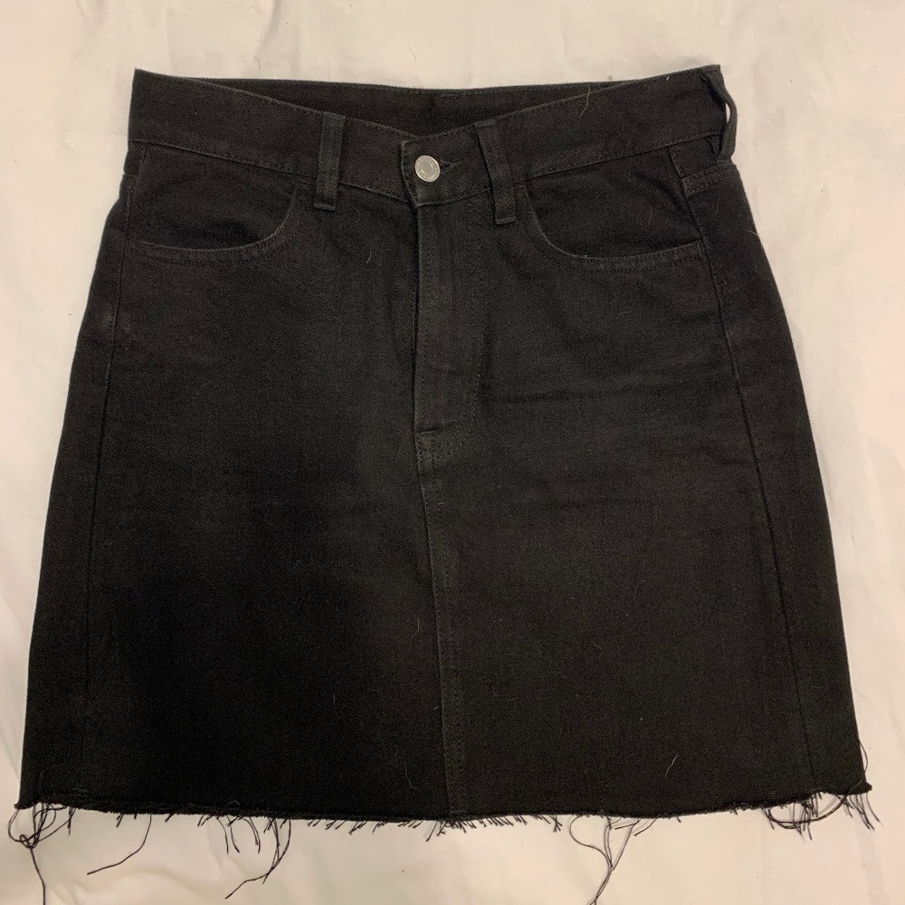 Black Denim Skirt with Distressed Hem